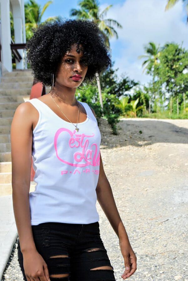 "Shantae snow drop blush" ladies loose thick vest white pink print