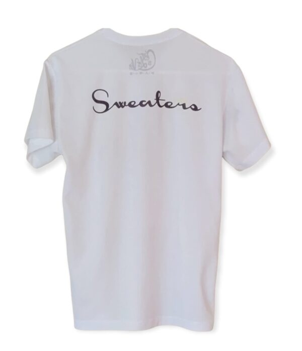 "Sweaters Snow drop" Ladies tee white, black print & embroidery - Image 4