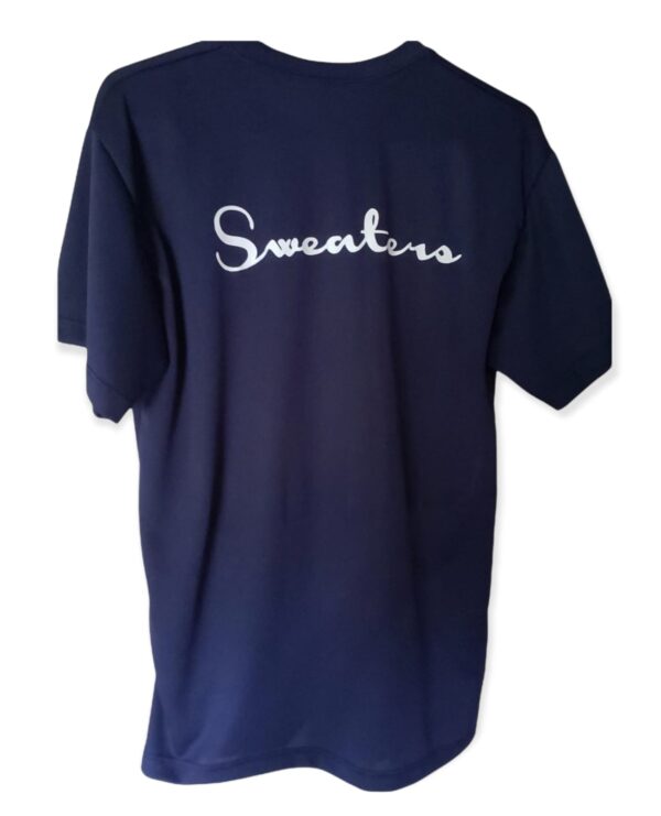 "Sweaters Smiles" Ladies tees navy blue, white print & embroidery - Image 3